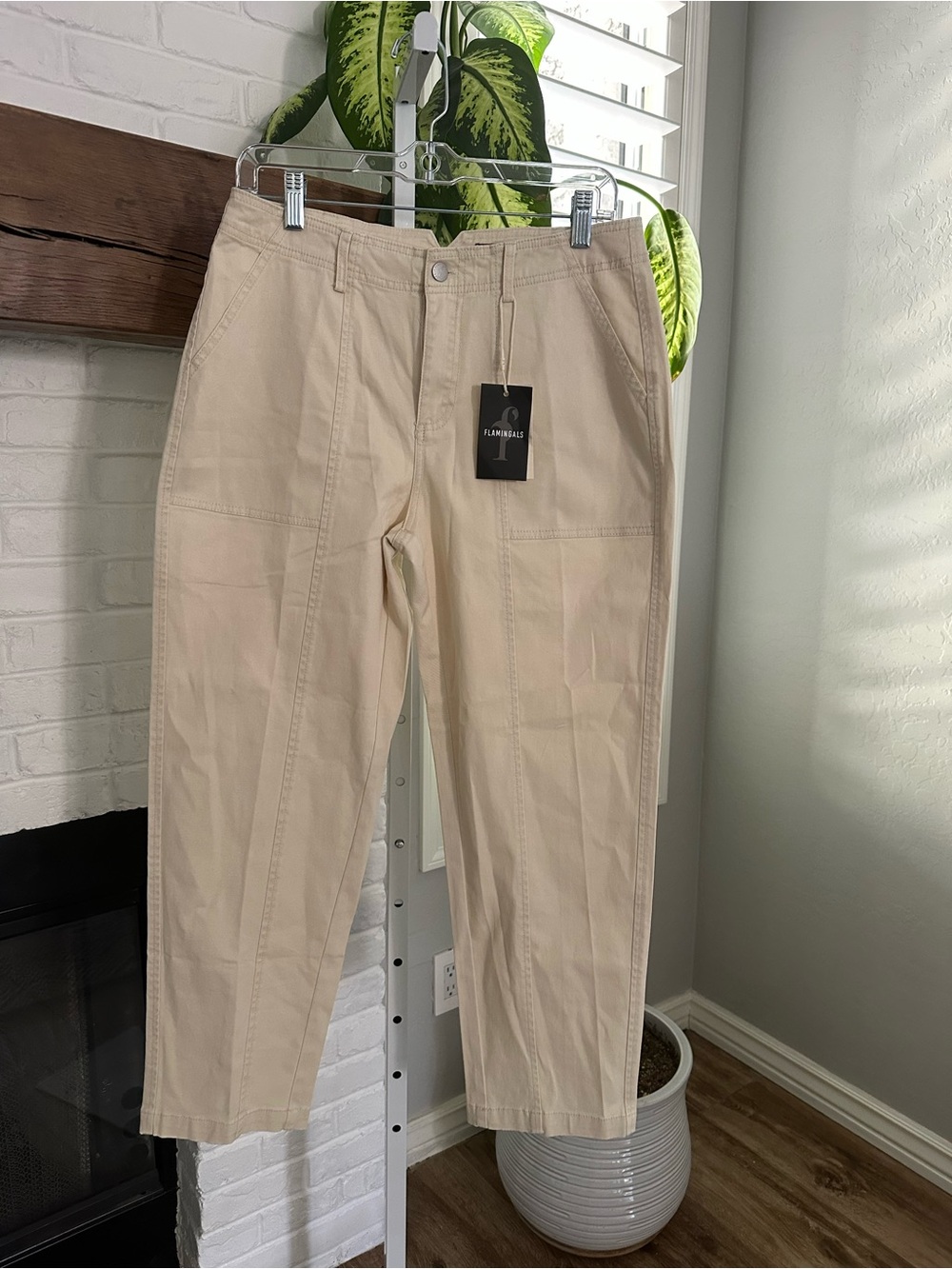 Flamingals Solid Stitch Detail Mid Waist Barrel Leg Pants Beige - Picture 5 of 7
